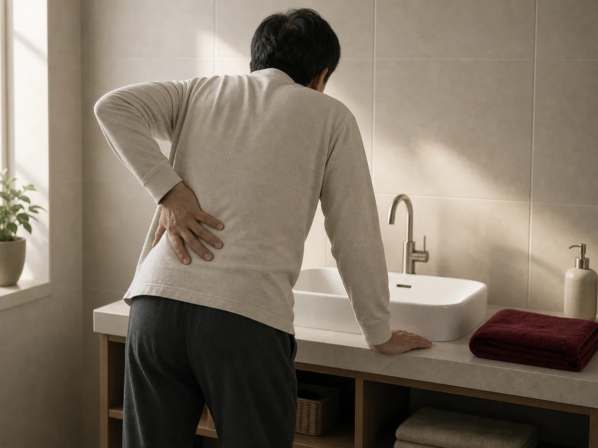 자고 일어나 숙일 때 시작된 우측 요통, 쇄석술 잔여 통증과 겹친 급성 염좌